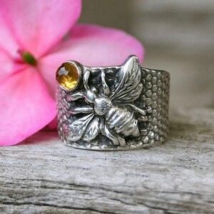 NEW Bumble Bee Silver Ring Honeycomb Amber Unisex Carved Bees Honey Size 9